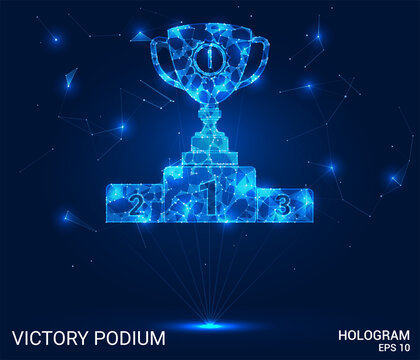The victory hologram. Award of polygons, triangles of points and lines. Cup on a pedestal low poly compound structure. The technology concept.
