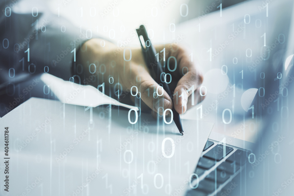 Poster creative concept of binary code illustration and hand writing in notebook on background with laptop.