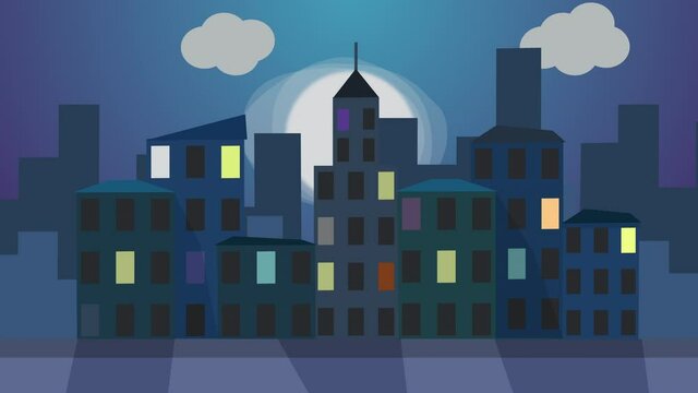 2D zoomed out Animation of a night city. City skyline against the moon