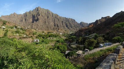 Walking tour at Cape Verde islands, Santo Antao, moutains, panoramic view.