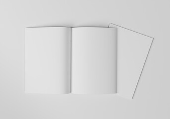 Blank magazine open in half with another magazine underneath showing the cover. On a white background. 3D illustration

