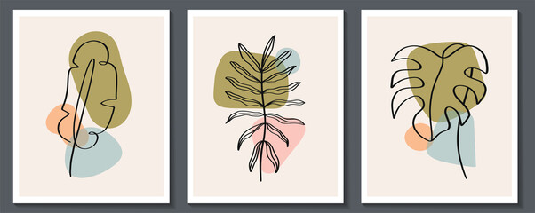 Set of flowers continuous Line art . Abstract Contemporary collage of geometric shapes in a modern trendy style. Vector for Beauty Concept, t-Shirt Print, postcard, poster