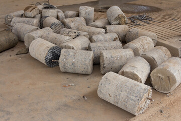 Concrete cores close-up. The result of the concrete core drilling process. Drilling in concrete. Industrial concrete drilling