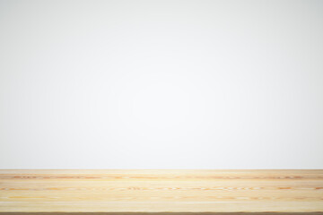 Empty wooden table top with white gradient background, mock up