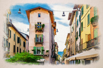 Fototapeta na wymiar Watercolor drawing of Traditional colorful building with balconies, shutter windows and multicolored walls in typical italian street, Brescia city