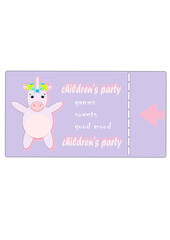 Vector illustration of an invitation card with a unicorn. Invitation to a children's party. Cartoon unicorn