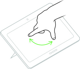 Line drawing of a human male hand demonstrating a two-finger rotate gesture on a tablet.