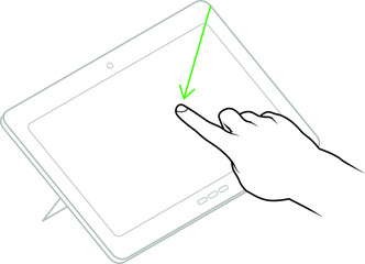 Line drawing of a human male hand demonstrating a swipe down from corner gesture on a tablet.
