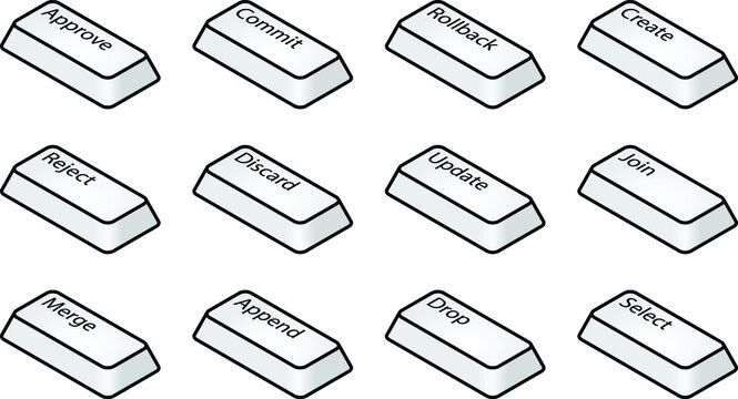 Computer keyboard key caps: database and workflow concepts. Approve, Reject, Merge, Commit, Discard, Append, Rollback, Update, Drop, Create, Join, Select.