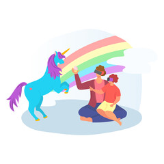 Modern technology virtual reality interactive entertainment, family father son watch vr game unicorn cartoon vector illustration, isolated on white. Lovely character kid and dad sitting play.