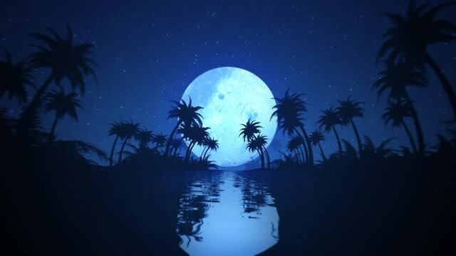 Flyer over tropical river. Bright reflections on water. Full moon above horizon. Starry night sky. Deep blue colors. Palm tree silhouettes. Evening outdoor scenery landscape. 3D Render 4K animation