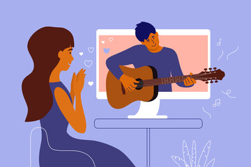 Fan girl looks in love at her idol on computer screen. Man playing guitar. Boyfriend performs melody on musical instrument online for girlfriend. Young woman and virtual valentine. Vector illustration