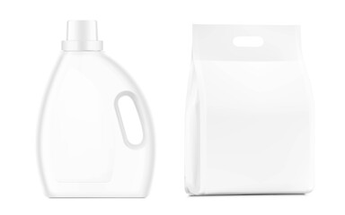 Set of packages mockup bottle and a standing bag. Vector illustration isolated on white background. Best solution for presentation your brand, design, promo and etc. EPS10.