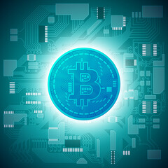 Obraz premium HUD Golden bitcoin. digital currency money. technology microchip mining worldwide network concept. Web banner golden bitcoin on motherboard background with microchip. Physical bit coin. Cryptocurrency