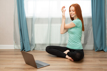 Fototapeta na wymiar beautiful young female with red hair is engaged in online training