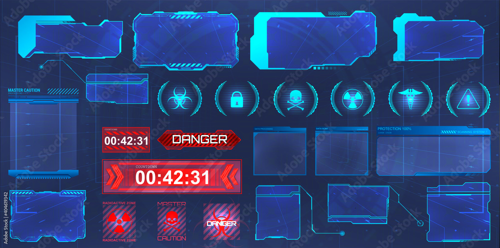 Poster hud screens, frames collection. futuristic hi-tech elements interface. screens for gui, ui, app, gam