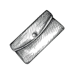 Hand drawn sketch of woman wallet on a white background. Wallet, money purse, money pocket. 
