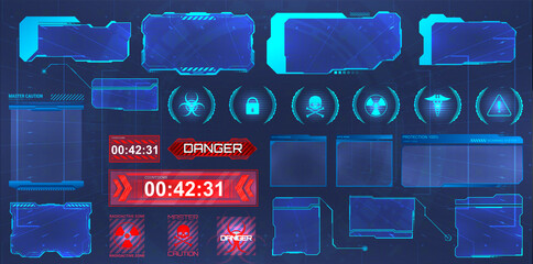 HUD screens, frames collection. Futuristic hi-tech elements interface. Screens for GUI, UI, APP, games. Info panels, callouts titles and holograms frames screen. Digital info boxes template. Vector © SergeyBitos