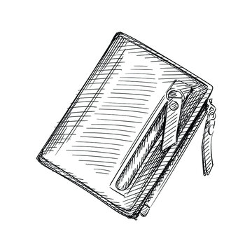 Hand drawn sketch of men wallet on a white background. Wallet, money purse, money pocket. Male wallet