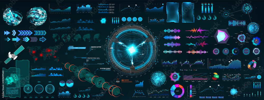 Poster HUD elements interface boxes for UI, UX and GUI design. Sky-fi collection shapes and hi-tech elements - charts, infographics, circle tech elements HUD, audio wave, 3D elements and other. Vector