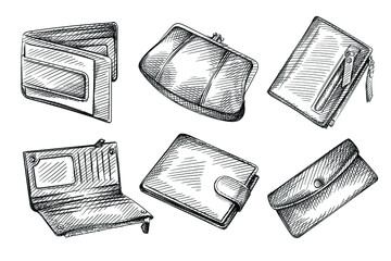 Hand drawn sketch set of female and male wallets on a white background. Wallet, money purse, money pocket, clutch 