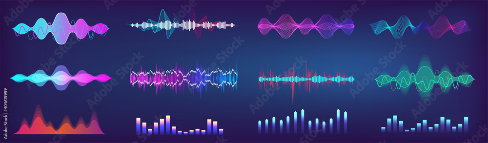 Poster Sound waves equalizer colorful collection. Futuristic set in HUD style - music waves, frequency audio waveform, voice graph signal. Microphone voice control collection and sound recognition. Vector