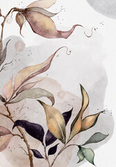 drawing of a branch with leaves and watercolor splashes on a white background