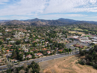 Fototapeta na wymiar Aerial view of The East Canyon Area of Escondido with mountain on the background, San Diego, California