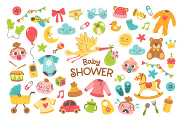 Big set of cute hand drawn baby and newborn elements. Cartoon objects isolated on white background. Colorful baby clothes, toys and care accessories.