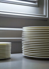 Stack of ceramic plates or pile of porcelain dishes in a kitchen of a restaurant or cafe. Catering buffet in restaurant room. Concept  preparing for celebration