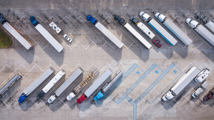 Truck stop on Rest area On the highway. Top view car parking lot. Truck Driver company. View from...