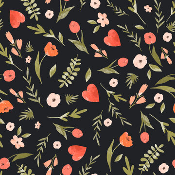 Cute floral heart seamless pattern. Floral botanical wallpaper