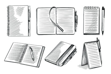 Hand drawn sketch set of notebooks on a white background. Opened notebook, notebook with pen, sketchbook, spring notebook, dairy, dot grid notebook 
