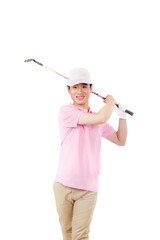 A happy young business man playing golf