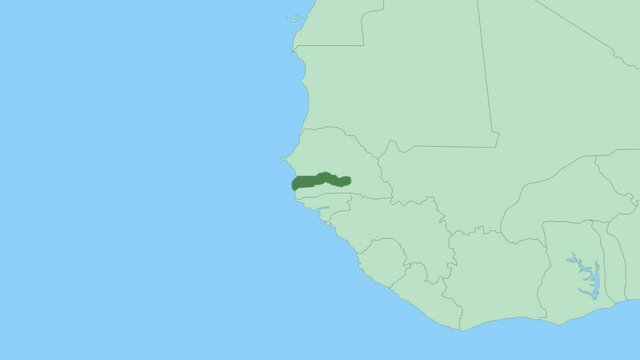 Map of Gambia with pin of country capital. Gambia Map with neighboring countries in green color.