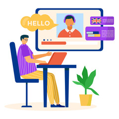 Learning foreign language, remote communication with internet teacher, student study english flat vector illustration, isolated on white. Concept modern technology, male sitting table laptop, monitor.
