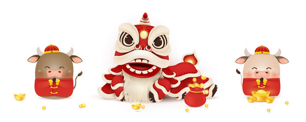 Happy Chinese New year of the Ox. Zodiac symbol of the year 2021. cartoon ox, Chinese New Year Lion Dance Head isolated. design greeting for card, flyers, invitation, posters, brochure, banners.