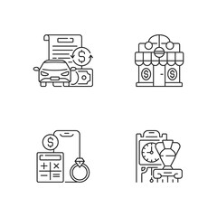 Pawnbroker shop linear icons set. Vehicle title loan. Pawnshop. Price calculation. Antiques. Customizable thin line contour symbols. Isolated vector outline illustrations. Editable stroke
