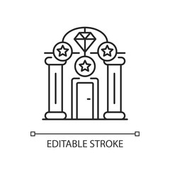 Upscale pawnshops linear icon. Loan offices. High-end collateral lender. Prestige pawnbrokers. Thin line customizable illustration. Contour symbol. Vector isolated outline drawing. Editable stroke