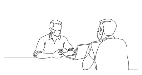 business colleagues wearing face masks meeting - one line drawing