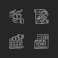 Accounting chalk white icons set on black background. Turnkey finance functions of company. Financial methods of controlling business budget. Isolated vector chalkboard illustrations