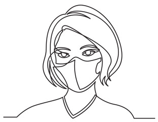 continuous line drawing of beautiful young woman wearing face mask on white background