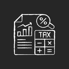 Tax accounting chalk white icon on black background. Accounting methods focused on taxes. Analysis and presentation of tax payments and returns. Isolated vector chalkboard illustration