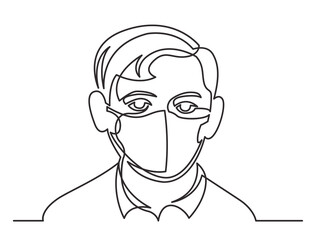 continuous line drawing of boy wearing face mask on white background