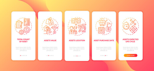 Capital inventory elements onboarding mobile app page screen with concepts. Expected life cycle, location walkthrough 5 steps graphic instructions. UI vector template with RGB color illustrations