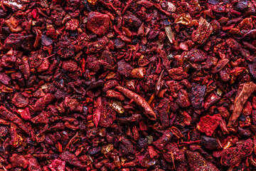 Dried dehydrated tomato. A mixture of different spices close up. Textures of colorful spices and condiments.Colorful Herbal and Spices Oriental.Various Indian spices