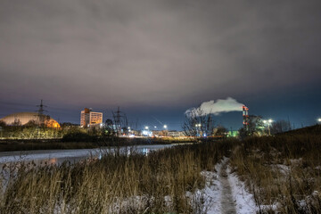 View of the evening city of Ivanovo and the river Uvod in early winter.