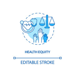 Health equity concept icon. Health programs principles. Getting proper medical service from proffesional. Clinic idea thin line illustration. Vector isolated outline RGB color drawing. Editable stroke