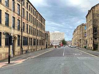Looking down, Grattan Road, lined with Victorian buildings in, Bradford, Yorkshire, UK