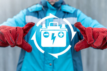 Industry concept of car battery production. Maintenance service and charging rechargeable...